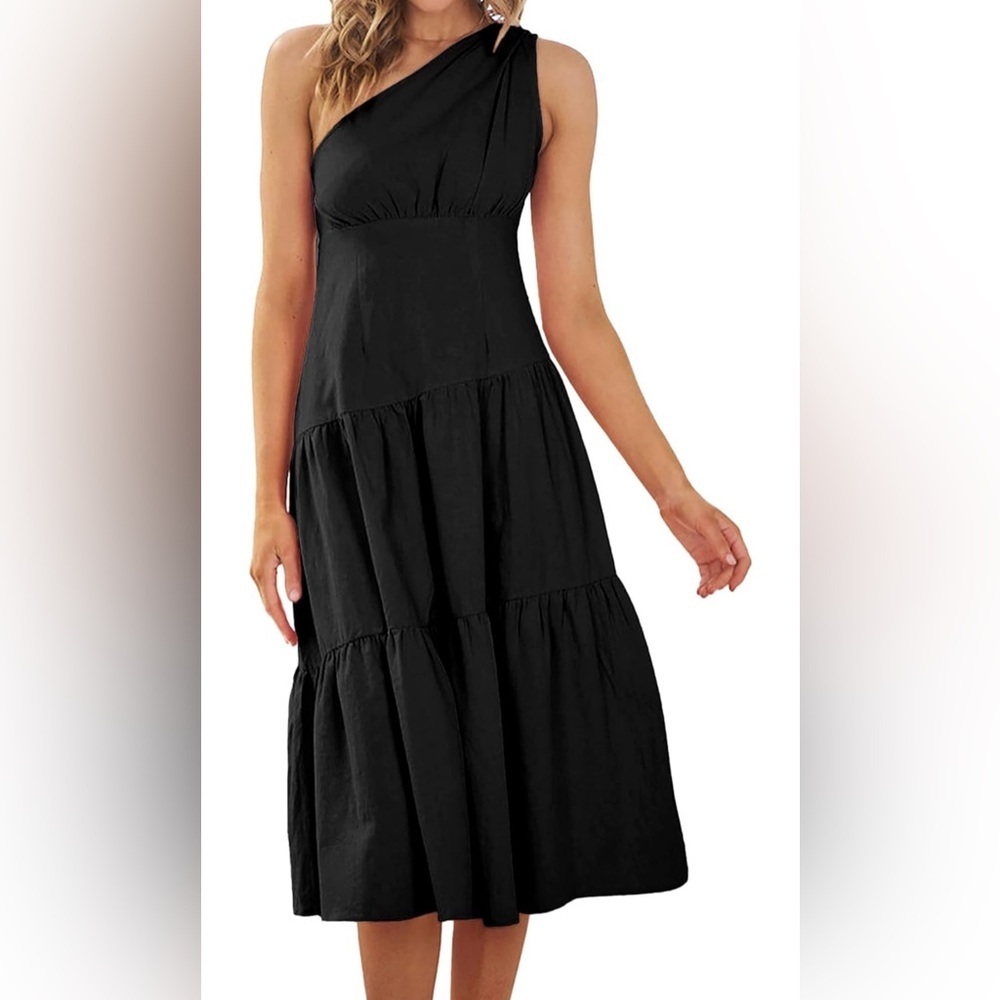 KIRUNDO Women’s DressOne Shoulder Midi Dress Sleeveless Flowy Swing Tiered